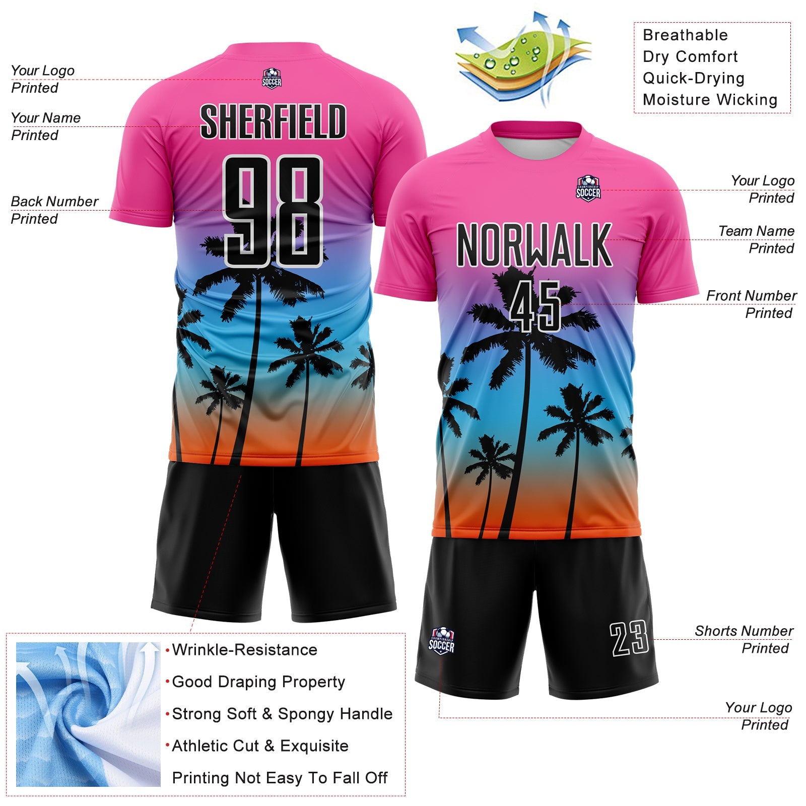 Custom Pink Black Sky Blue Orange-White Tropical Hawaii Palm Trees Gradient Sublimation Soccer Uniform Jersey view 4