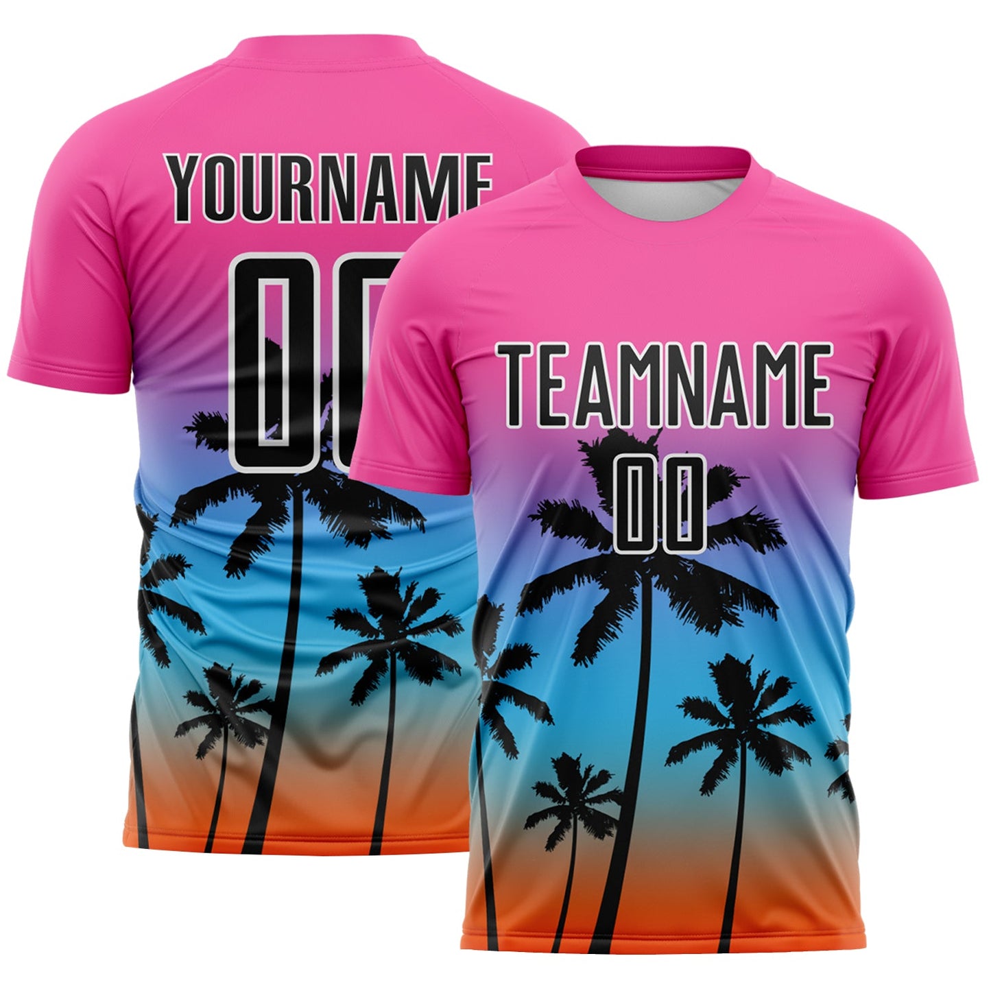 Custom Pink Black Sky Blue Orange-White Tropical Hawaii Palm Trees Gradient Sublimation Soccer Uniform Jersey - Main View