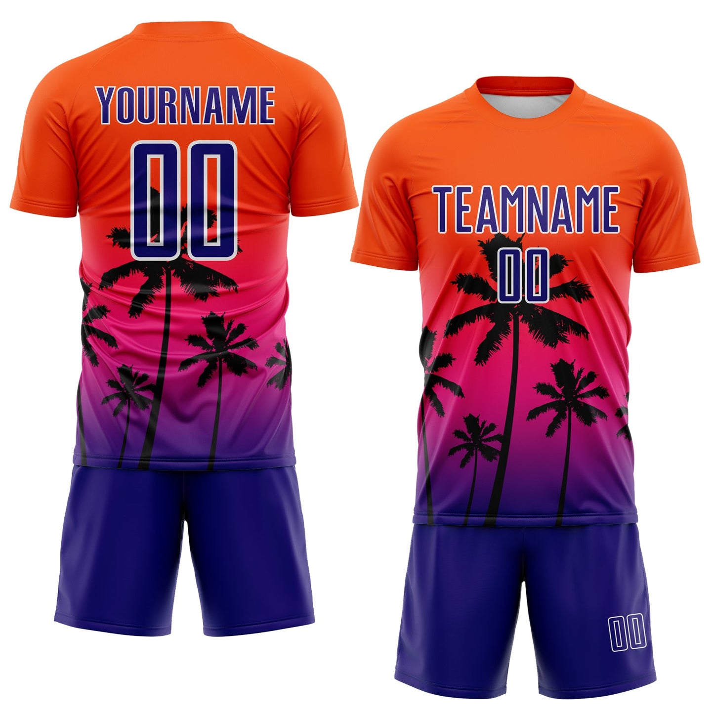 Custom Orange Dark Purple Hot Pink-White Tropical Hawaii Palm Trees Gradient Sublimation Soccer Uniform Jersey view 2
