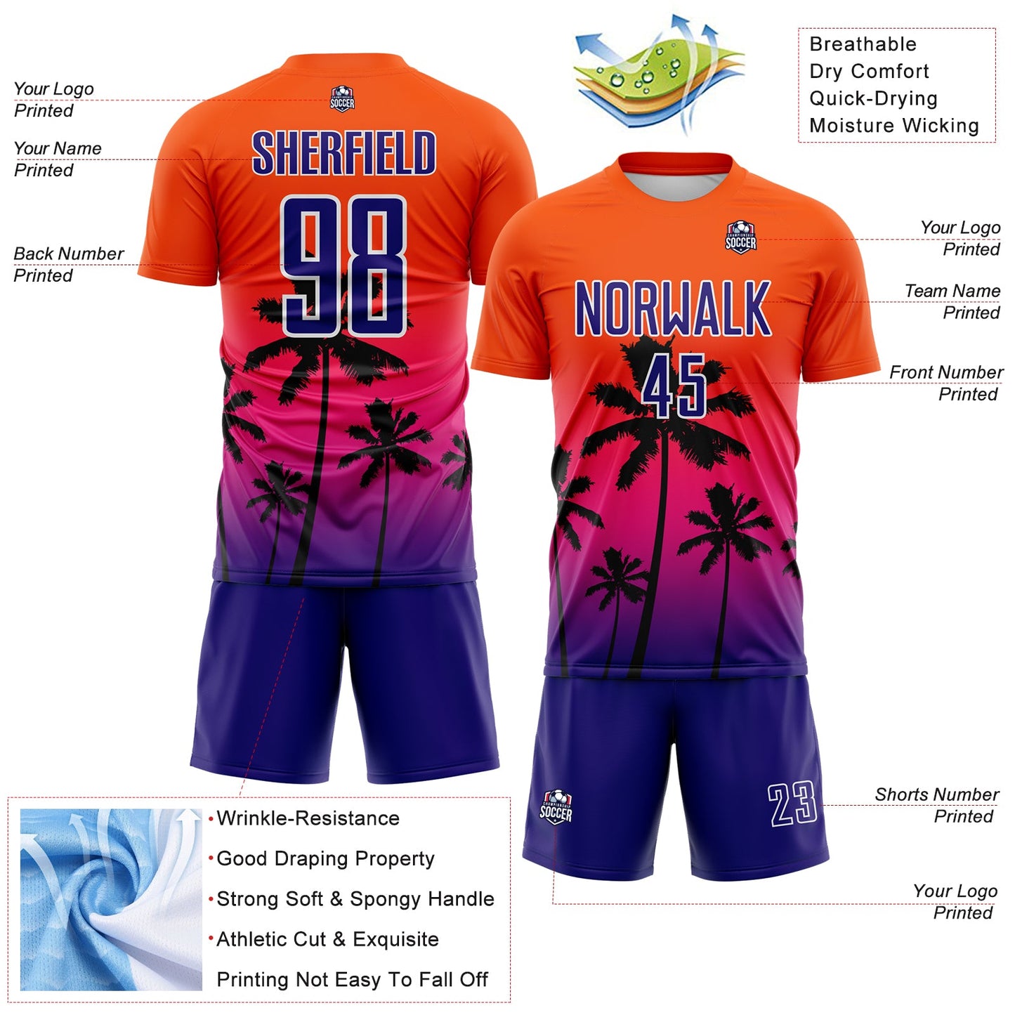 Custom Orange Dark Purple Hot Pink-White Tropical Hawaii Palm Trees Gradient Sublimation Soccer Uniform Jersey view 4