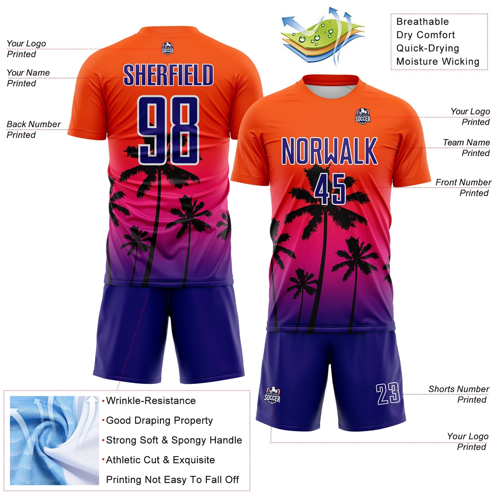 Custom Orange Dark Purple Hot Pink-White Tropical Hawaii Palm Trees Gradient Sublimation Soccer Uniform Jersey view 4