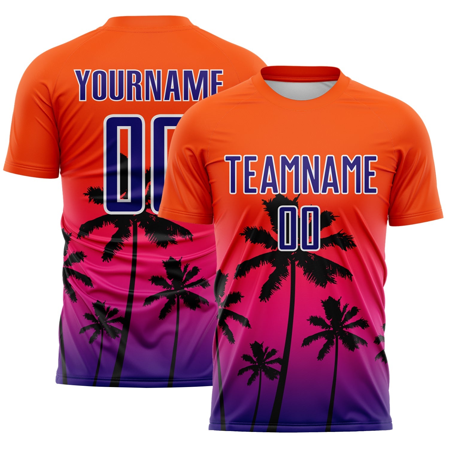 Custom Orange Dark Purple Hot Pink-White Tropical Hawaii Palm Trees Gradient Sublimation Soccer Uniform Jersey - Main View