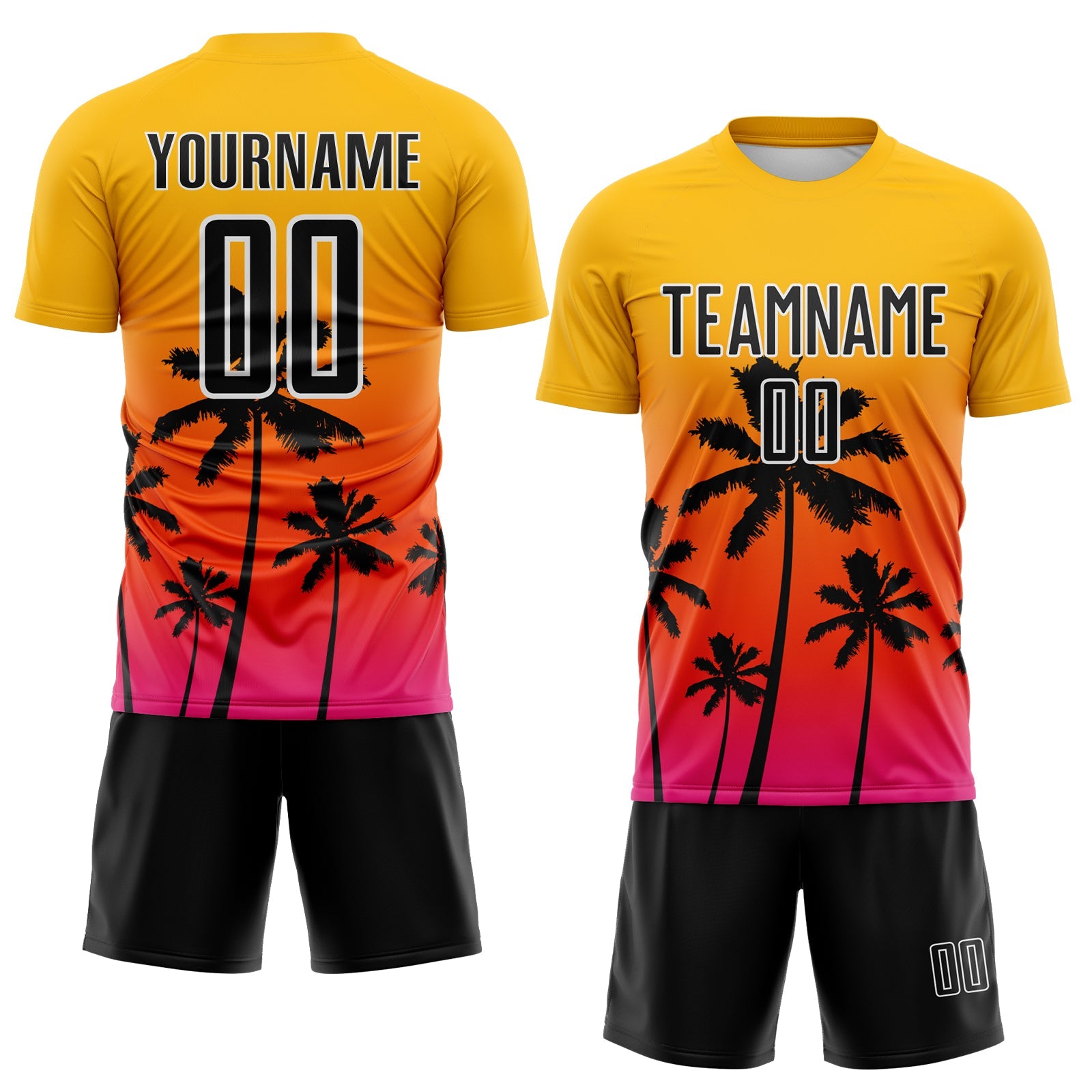 Custom Gold Black Orange Hot Pink-White Tropical Hawaii Palm Trees Gradient Sublimation Soccer Uniform Jersey view 2