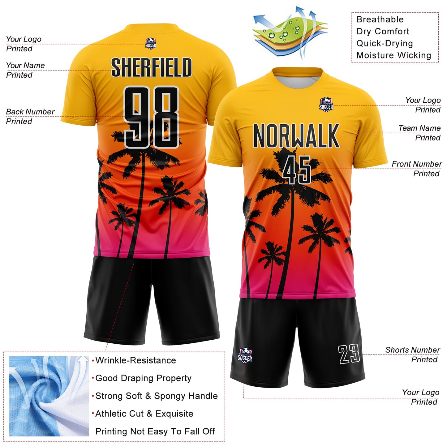 Custom Gold Black Orange Hot Pink-White Tropical Hawaii Palm Trees Gradient Sublimation Soccer Uniform Jersey view 4