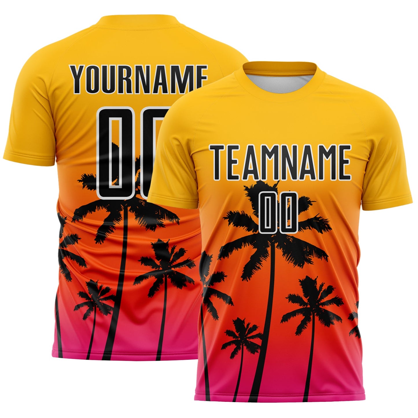 Custom Gold Black Orange Hot Pink-White Tropical Hawaii Palm Trees Gradient Sublimation Soccer Uniform Jersey - Main View