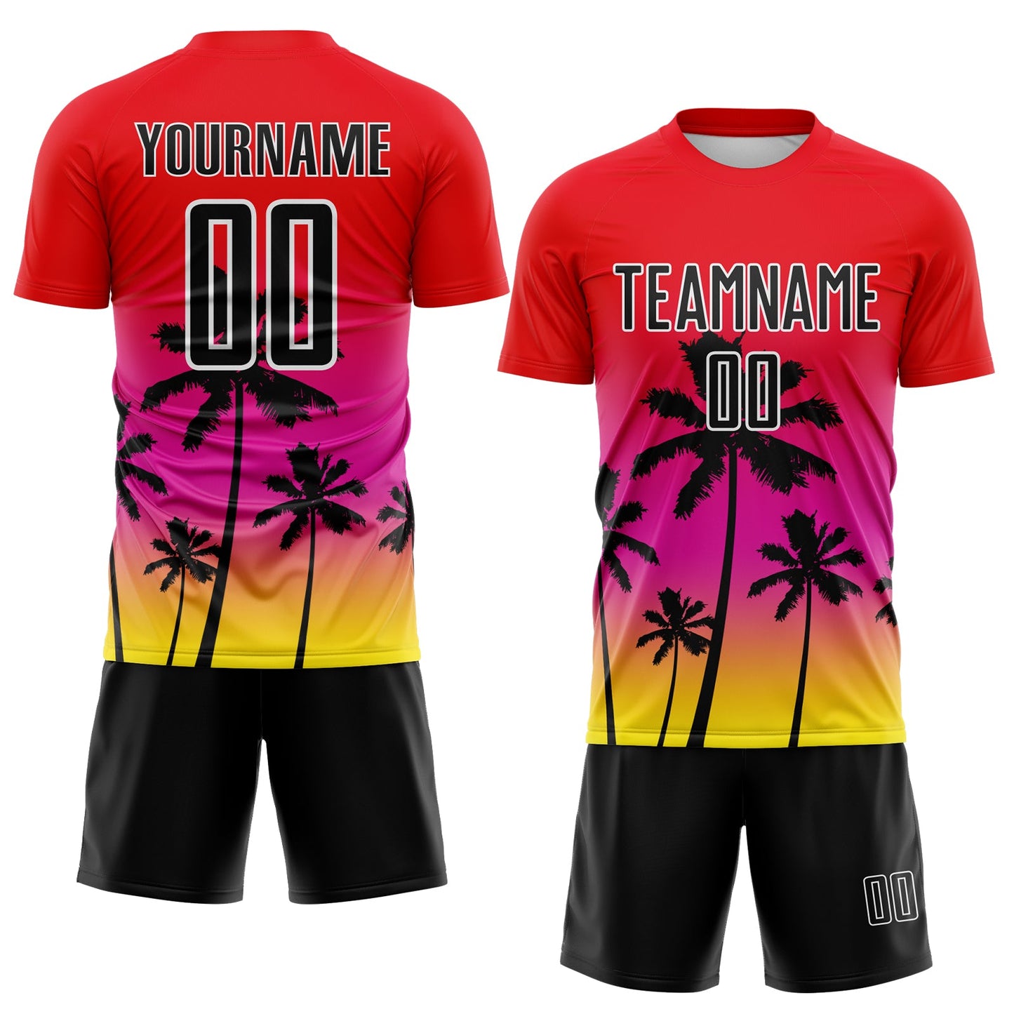 Custom Fire Red Black Deep Pink Light Yellow-White Tropical Hawaii Palm Trees Gradient Sublimation Soccer Uniform Jersey view 2