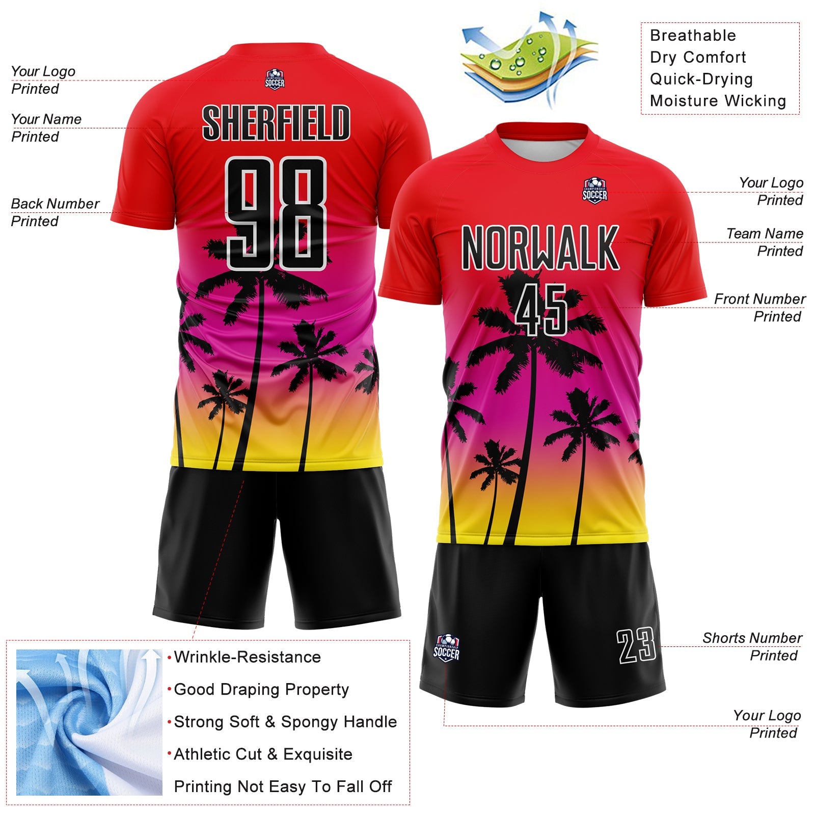 Custom Fire Red Black Deep Pink Light Yellow-White Tropical Hawaii Palm Trees Gradient Sublimation Soccer Uniform Jersey view 4
