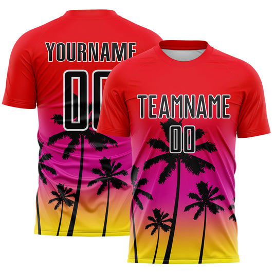 Custom Fire Red Black Deep Pink Light Yellow-White Tropical Hawaii Palm Trees Gradient Sublimation Soccer Uniform Jersey - Main View