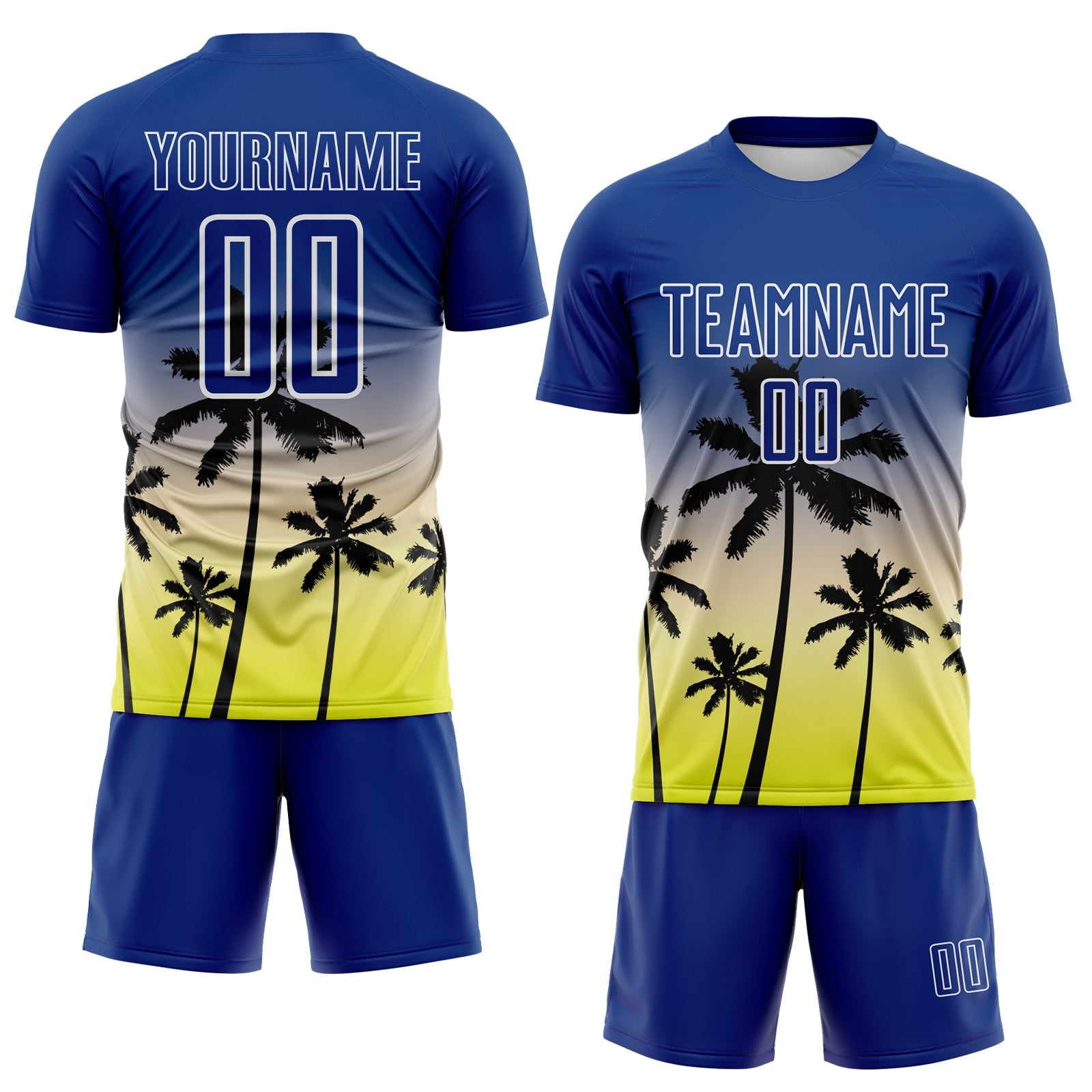 Custom Royal Cream Neon Yellow-White Tropical Hawaii Palm Trees Gradient Sublimation Soccer Uniform Jersey view 2
