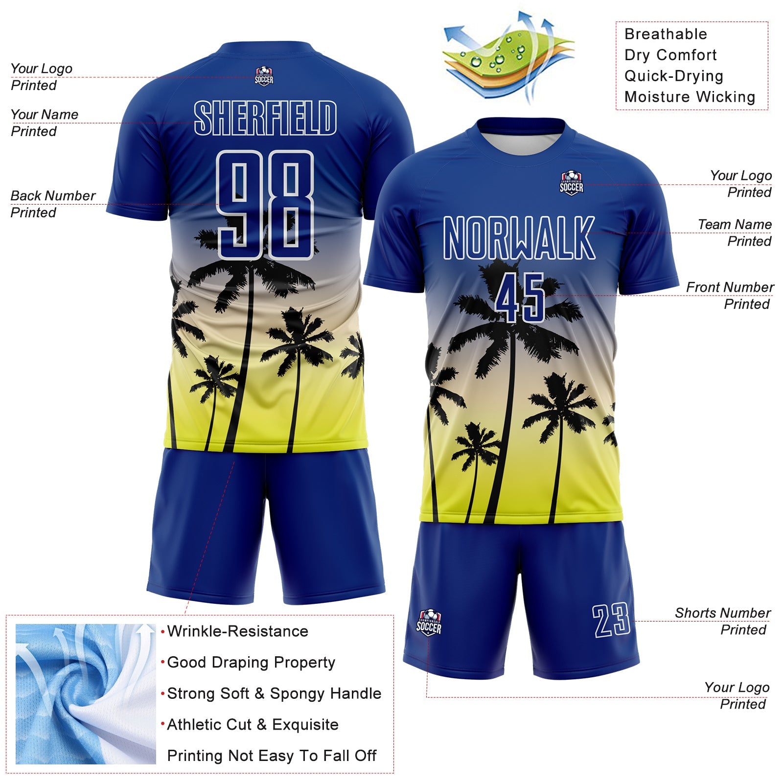 Custom Royal Cream Neon Yellow-White Tropical Hawaii Palm Trees Gradient Sublimation Soccer Uniform Jersey view 4