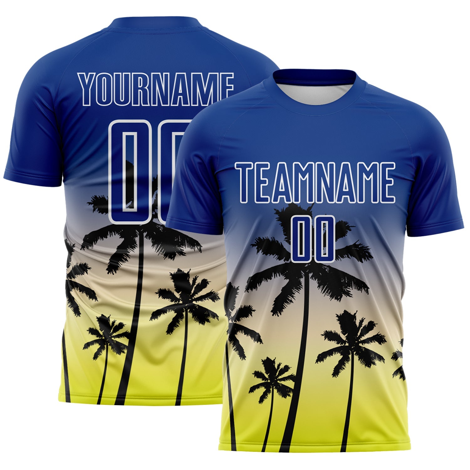 Custom Royal Cream Neon Yellow-White Tropical Hawaii Palm Trees Gradient Sublimation Soccer Uniform Jersey - Main View