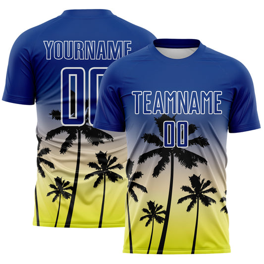 Custom Royal Cream Neon Yellow-White Tropical Hawaii Palm Trees Gradient Sublimation Soccer Uniform Jersey - Main View