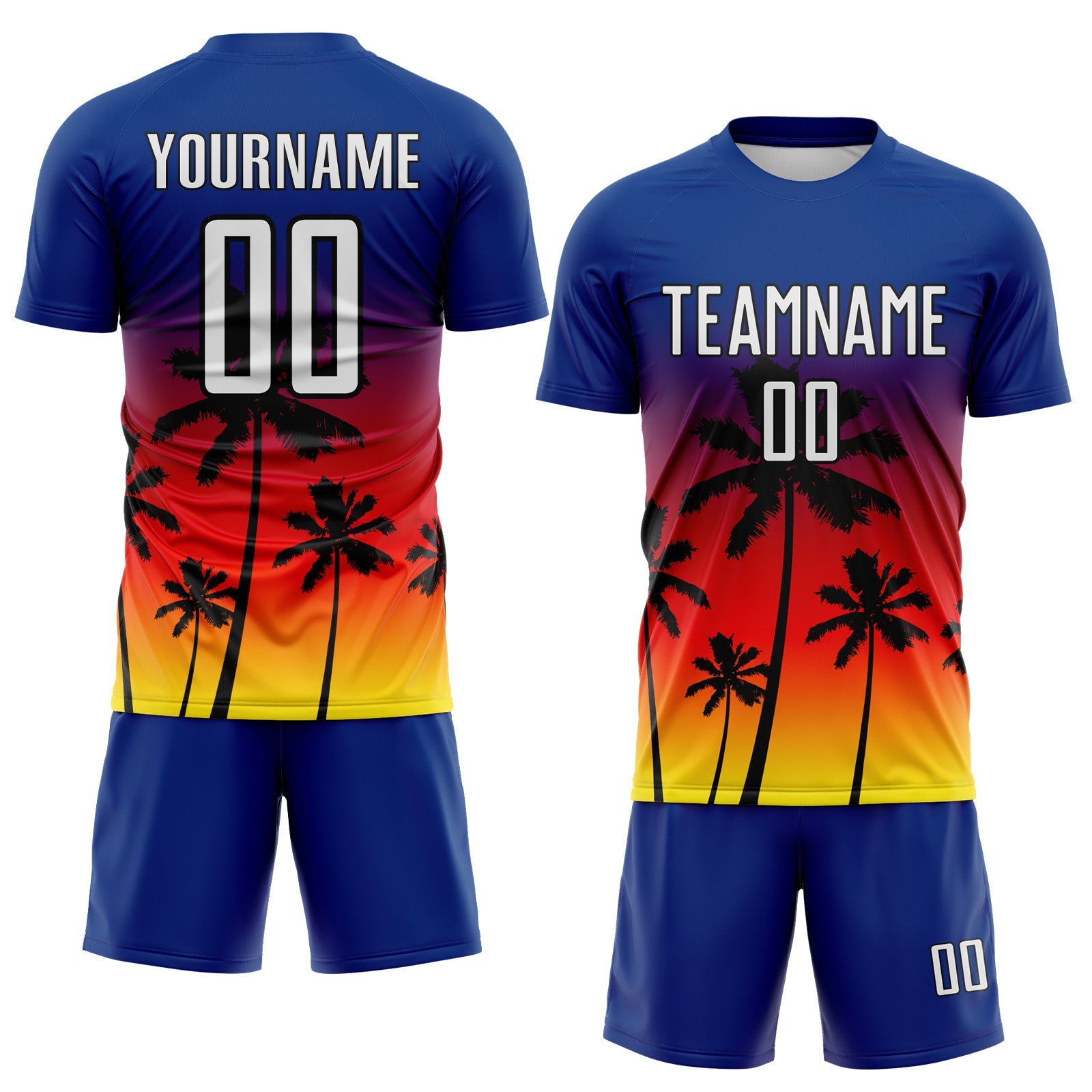 Custom Royal White Fire Red Light Yellow-Black Tropical Hawaii Palm Trees Gradient Sublimation Soccer Uniform Jersey view 2