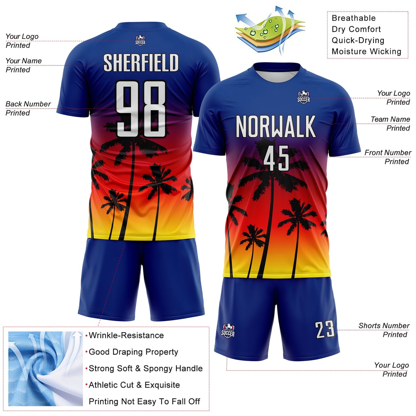 Custom Royal White Fire Red Light Yellow-Black Tropical Hawaii Palm Trees Gradient Sublimation Soccer Uniform Jersey view 4