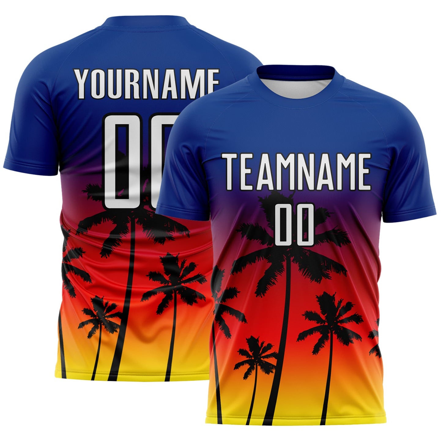 Custom Royal White Fire Red Light Yellow-Black Tropical Hawaii Palm Trees Gradient Sublimation Soccer Uniform Jersey - Main View