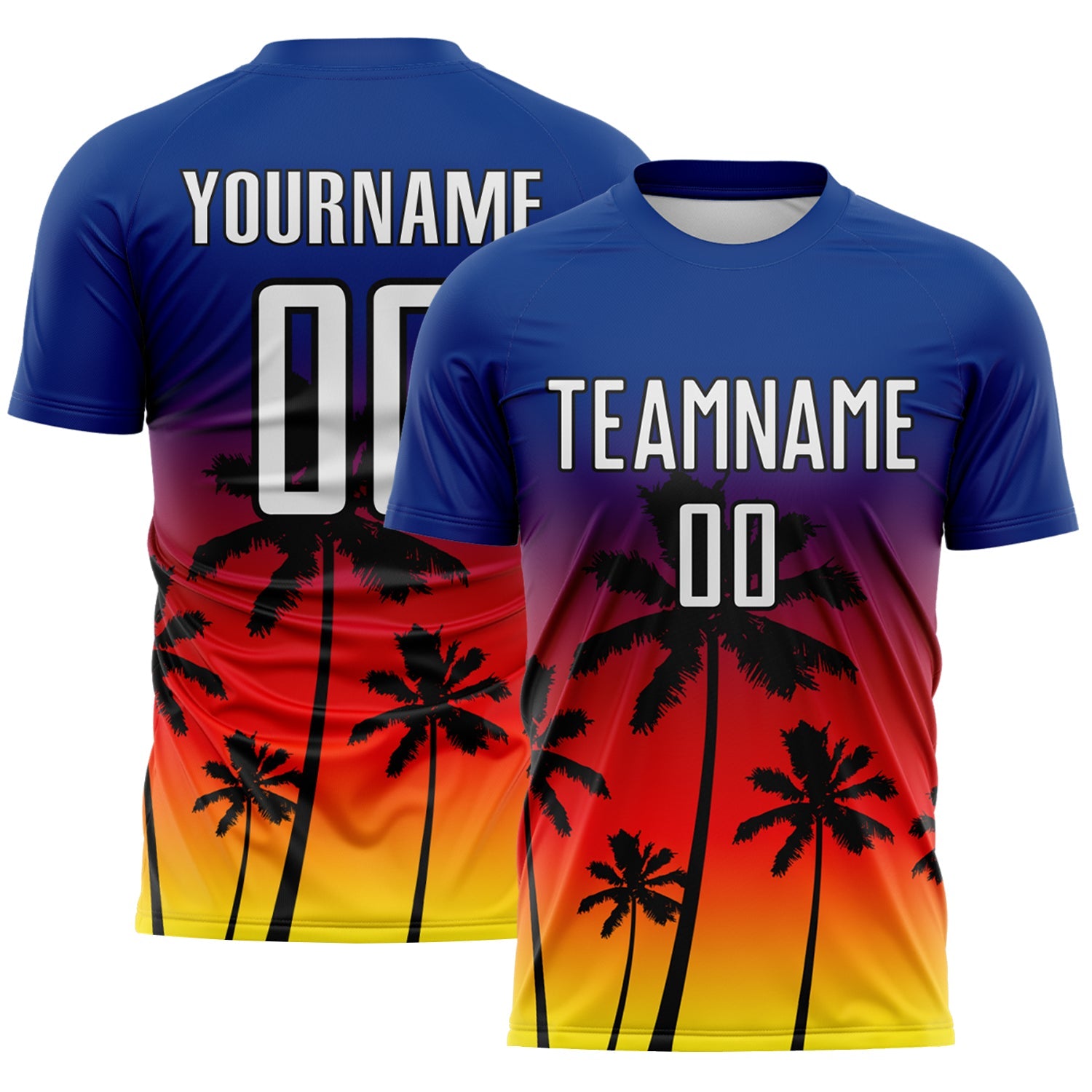 Custom Royal White Fire Red Light Yellow-Black Tropical Hawaii Palm Trees Gradient Sublimation Soccer Uniform Jersey - Main View
