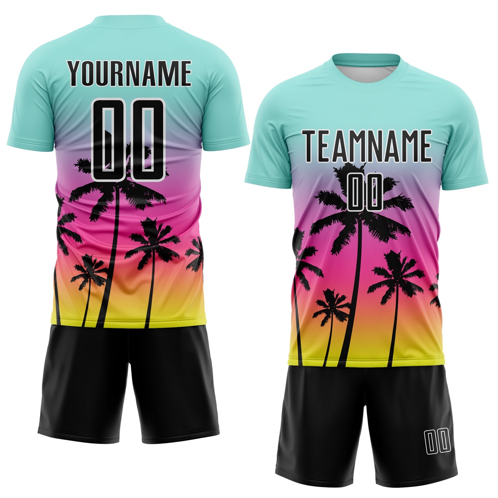 Custom Ice Blue Black Pink Neon Yellow-White Tropical Hawaii Palm Trees Gradient Sublimation Soccer Uniform Jersey view 2