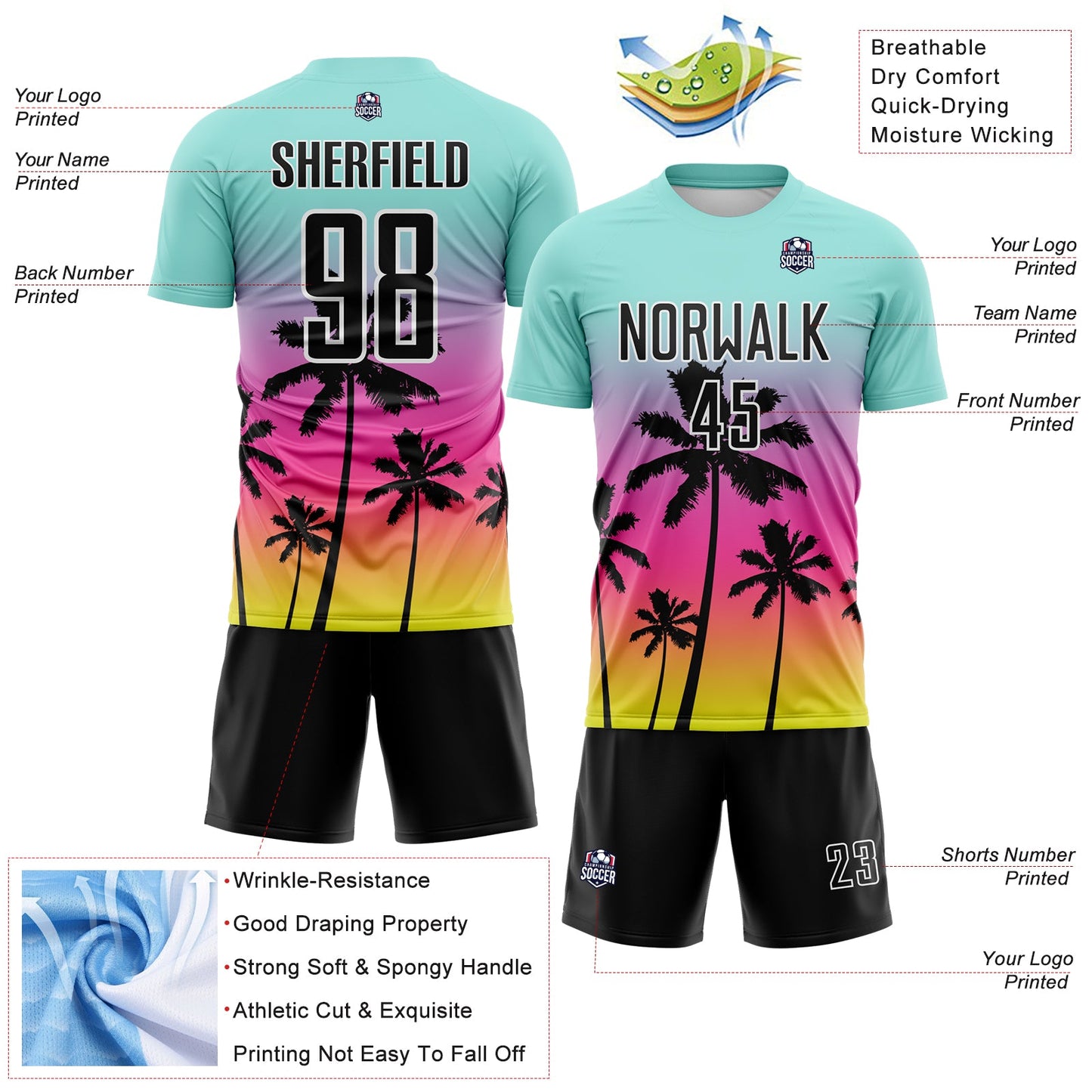 Custom Ice Blue Black Pink Neon Yellow-White Tropical Hawaii Palm Trees Gradient Sublimation Soccer Uniform Jersey view 4