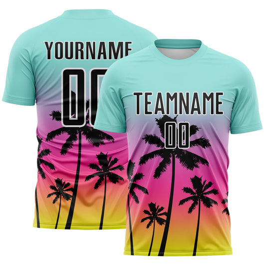 Custom Ice Blue Black Pink Neon Yellow-White Tropical Hawaii Palm Trees Gradient Sublimation Soccer Uniform Jersey - Main View