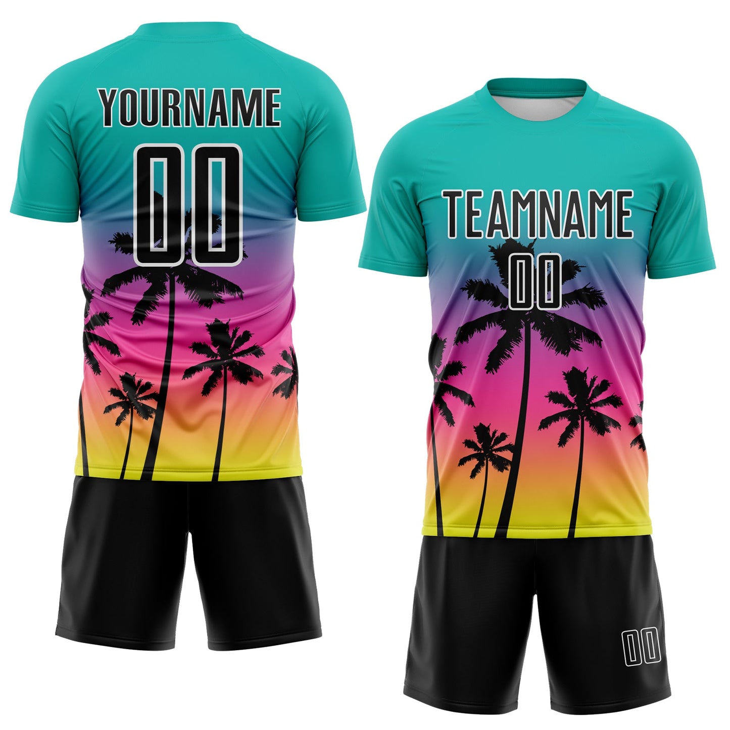 Custom Aqua Black Pink Neon Yellow-White Tropical Hawaii Palm Trees Gradient Sublimation Soccer Uniform Jersey view 2