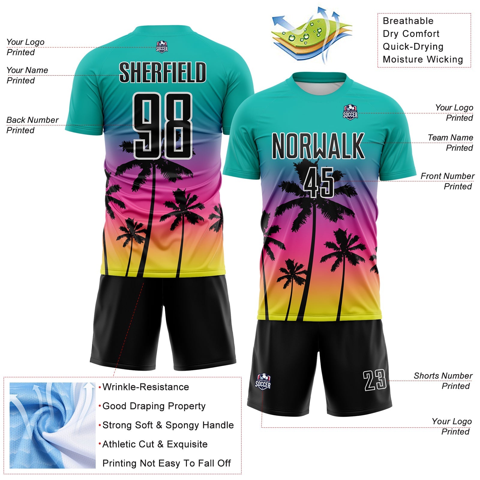 Custom Aqua Black Pink Neon Yellow-White Tropical Hawaii Palm Trees Gradient Sublimation Soccer Uniform Jersey view 4