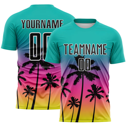 Custom Aqua Black Pink Neon Yellow-White Tropical Hawaii Palm Trees Gradient Sublimation Soccer Uniform Jersey - Main View