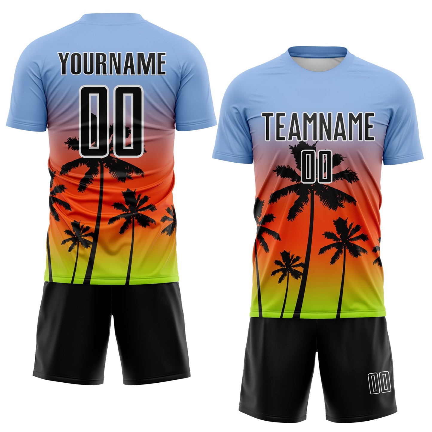 Custom Light Blue Black Orange Neon Green-White Tropical Hawaii Palm Trees Gradient Sublimation Soccer Uniform Jersey view 2