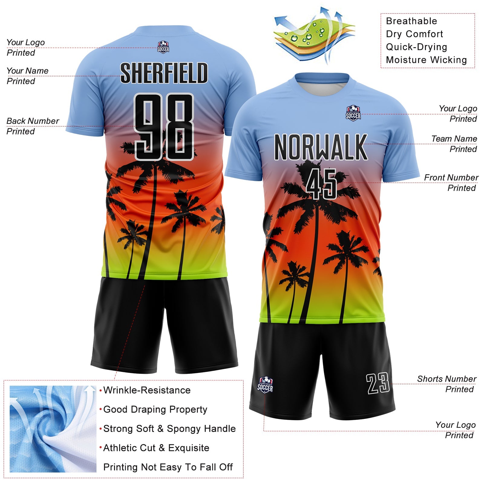 Custom Light Blue Black Orange Neon Green-White Tropical Hawaii Palm Trees Gradient Sublimation Soccer Uniform Jersey view 4