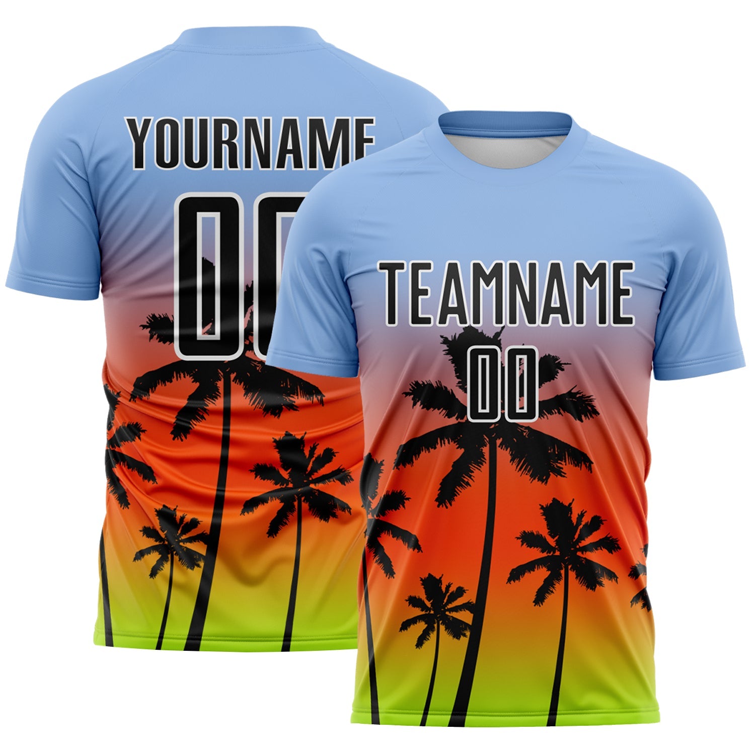 Custom Light Blue Black Orange Neon Green-White Tropical Hawaii Palm Trees Gradient Sublimation Soccer Uniform Jersey - Main View