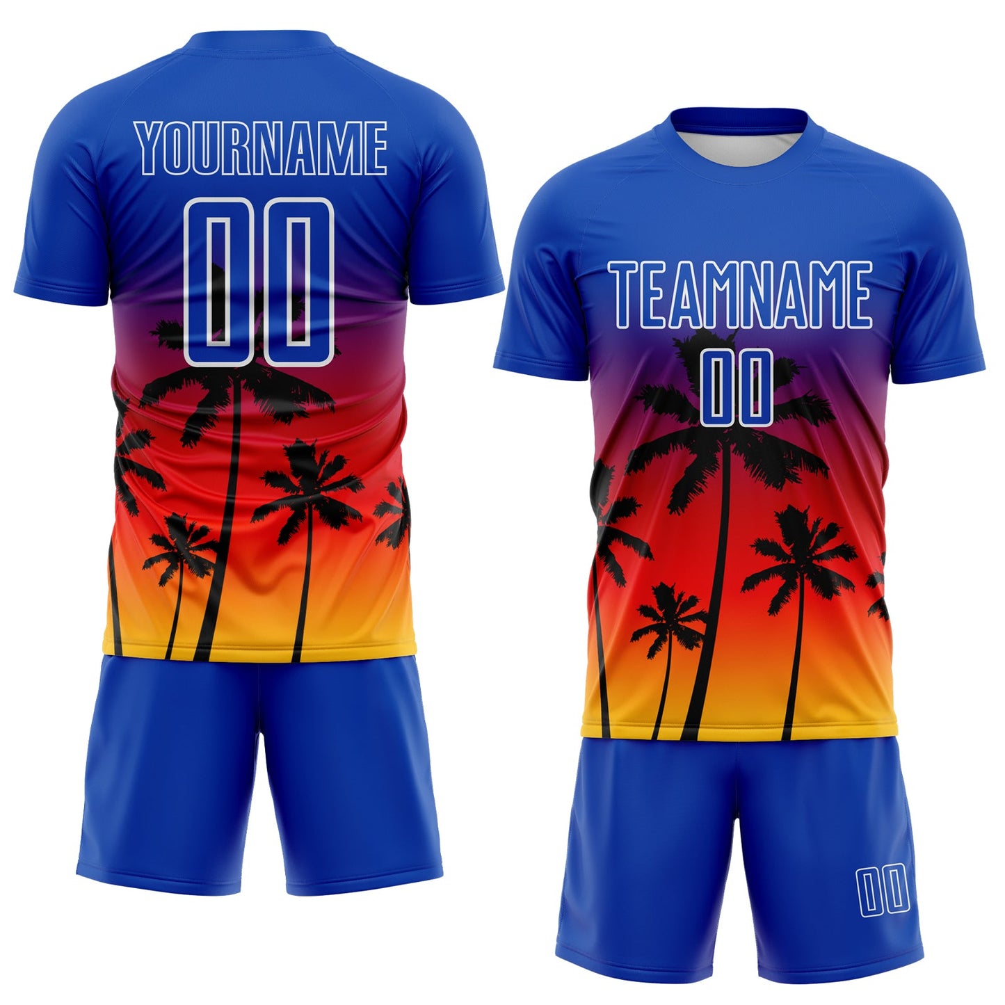 Custom Thunder Blue Fire Red Yellow-White Tropical Hawaii Palm Trees Gradient Sublimation Soccer Uniform Jersey view 2