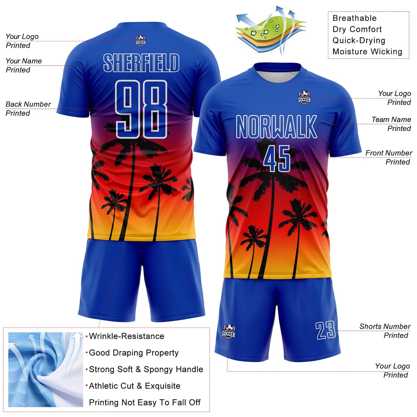 Custom Thunder Blue Fire Red Yellow-White Tropical Hawaii Palm Trees Gradient Sublimation Soccer Uniform Jersey view 4