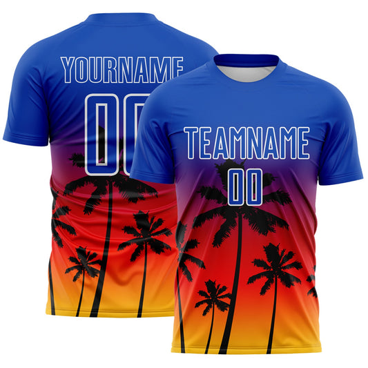 Custom Thunder Blue Fire Red Yellow-White Tropical Hawaii Palm Trees Gradient Sublimation Soccer Uniform Jersey - Main View