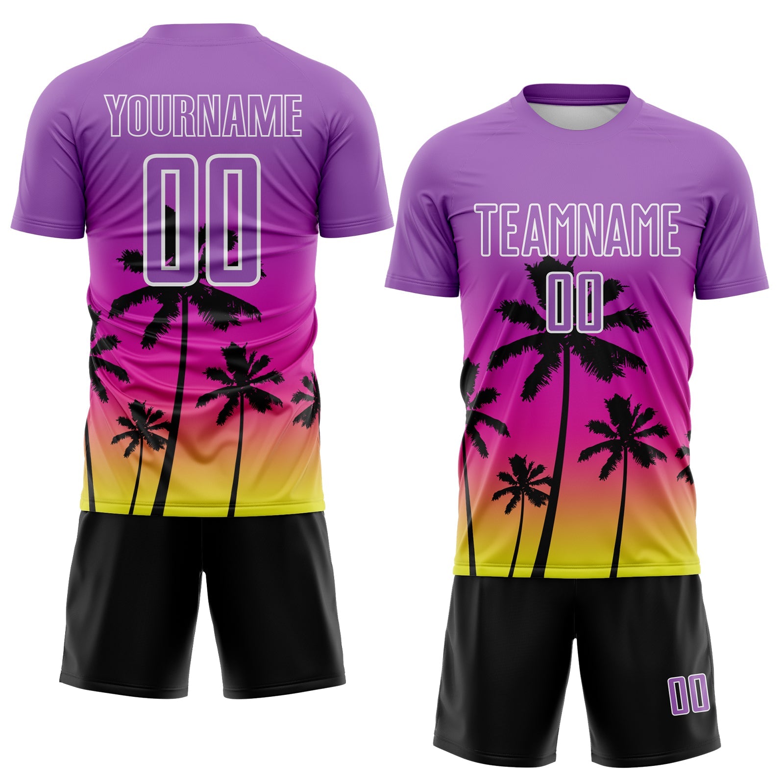 Custom Medium Purple Deep Pink Neon Yellow White-Black Tropical Hawaii Palm Trees Gradient Sublimation Soccer Uniform Jersey view 2