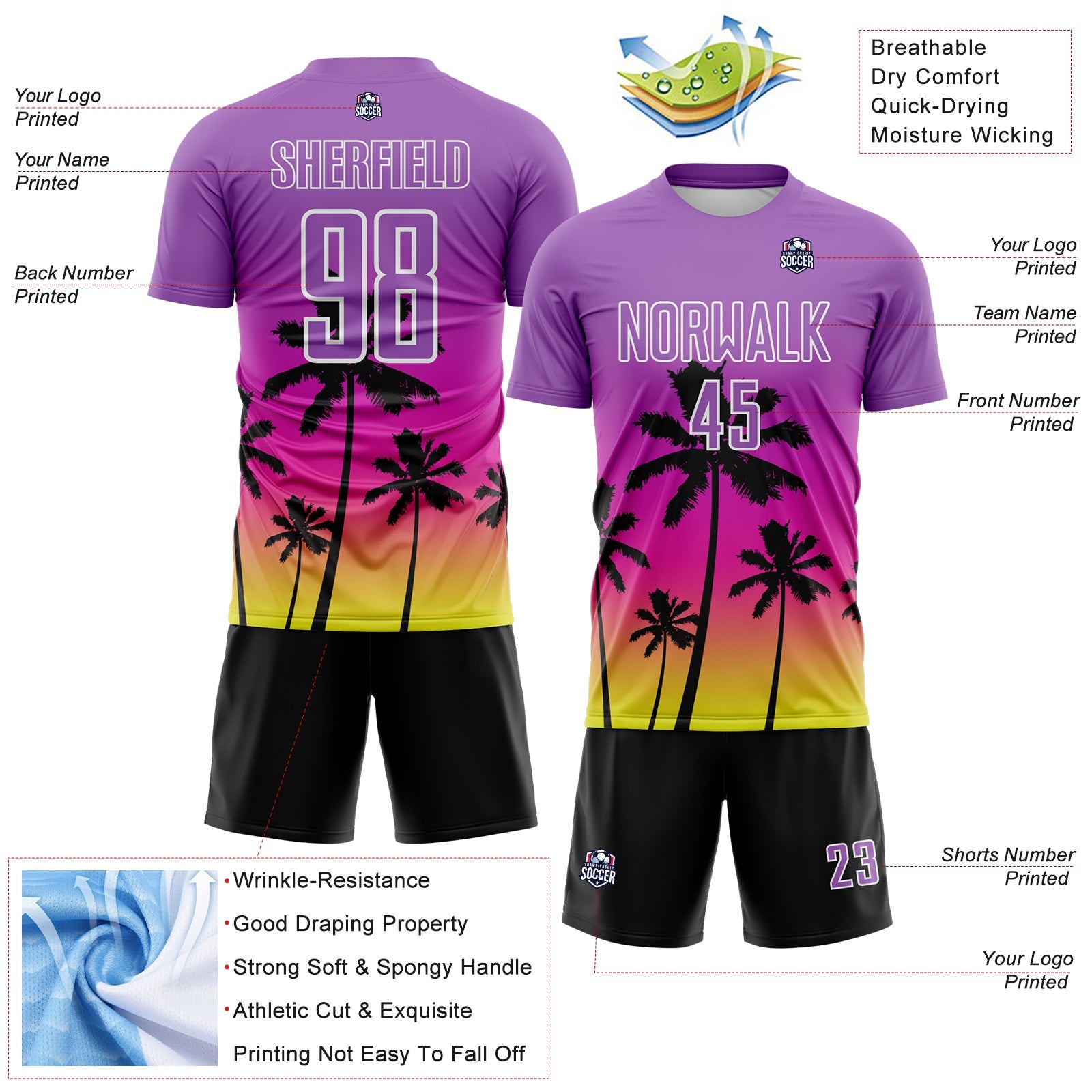 Custom Medium Purple Deep Pink Neon Yellow White-Black Tropical Hawaii Palm Trees Gradient Sublimation Soccer Uniform Jersey view 4