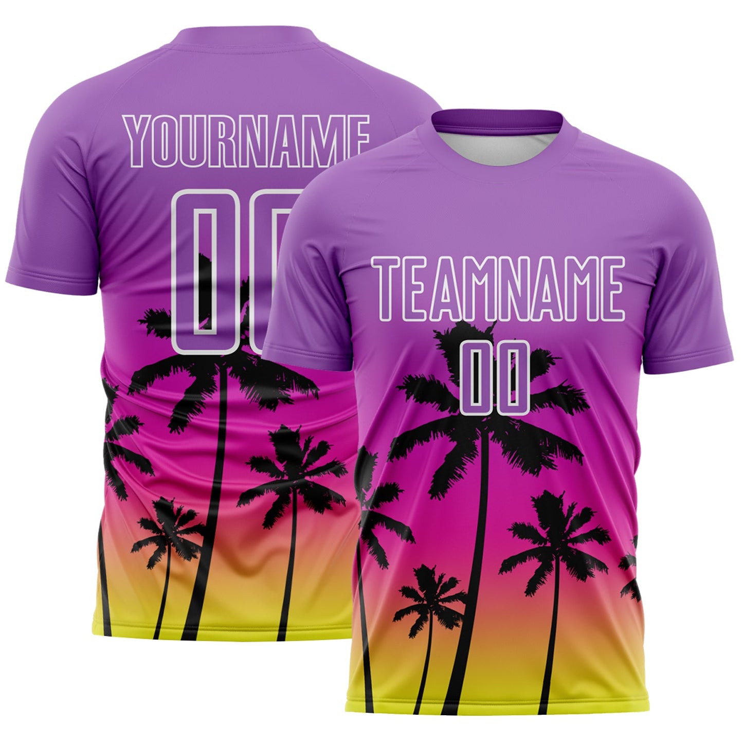 Custom Medium Purple Deep Pink Neon Yellow White-Black Tropical Hawaii Palm Trees Gradient Sublimation Soccer Uniform Jersey - Main View