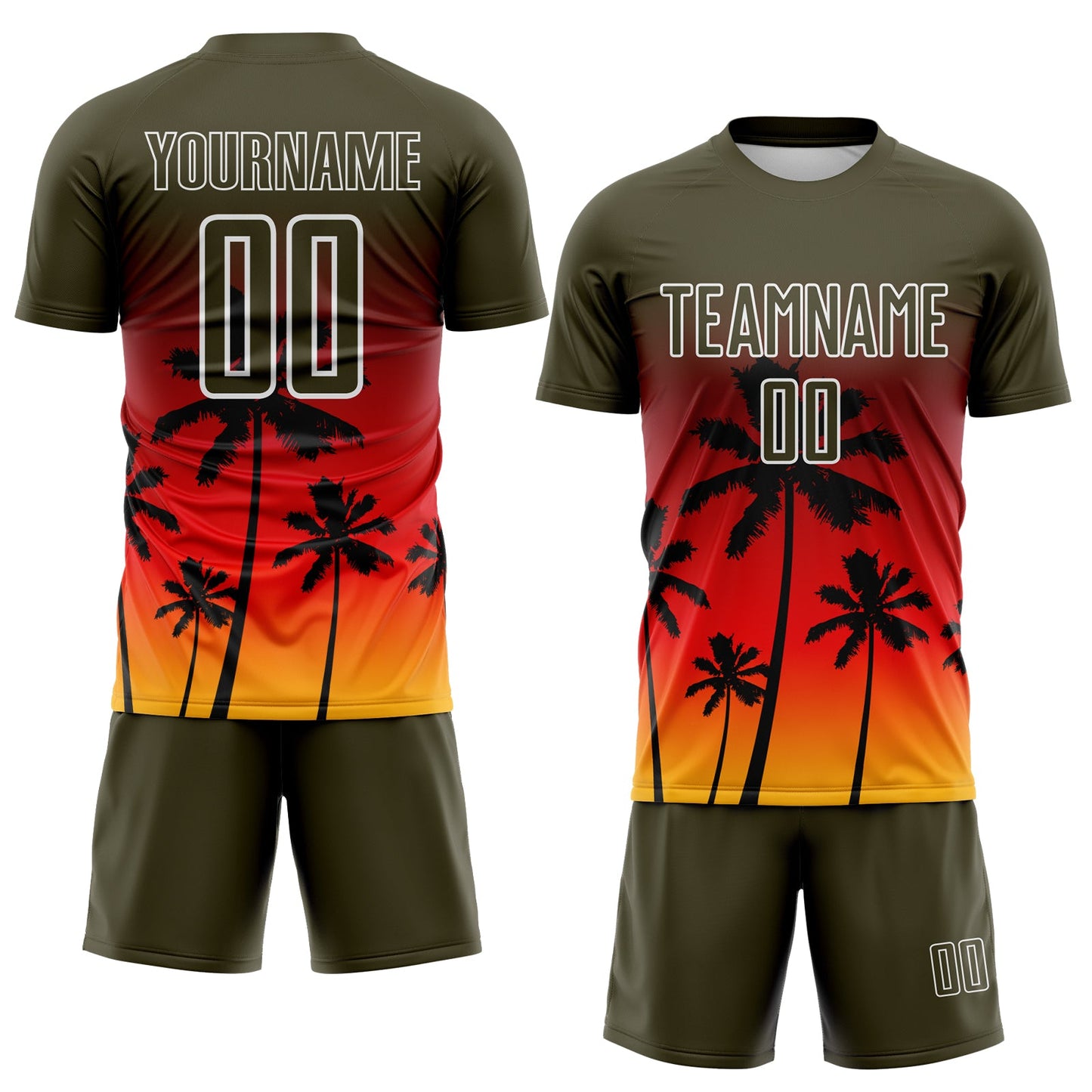 Custom Olive Fire Red Gold-White Tropical Hawaii Palm Trees Gradient Sublimation Soccer Uniform Jersey view 2