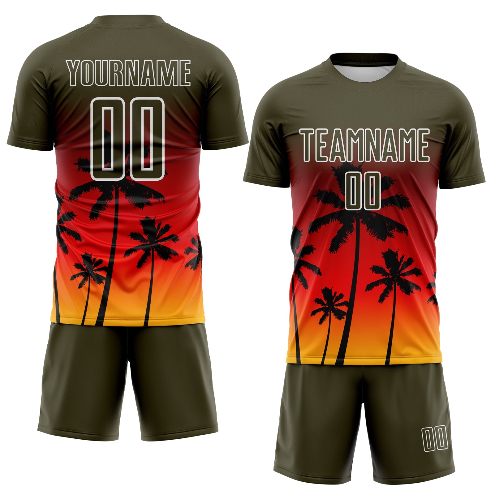 Custom Olive Fire Red Gold-White Tropical Hawaii Palm Trees Gradient Sublimation Soccer Uniform Jersey view 2