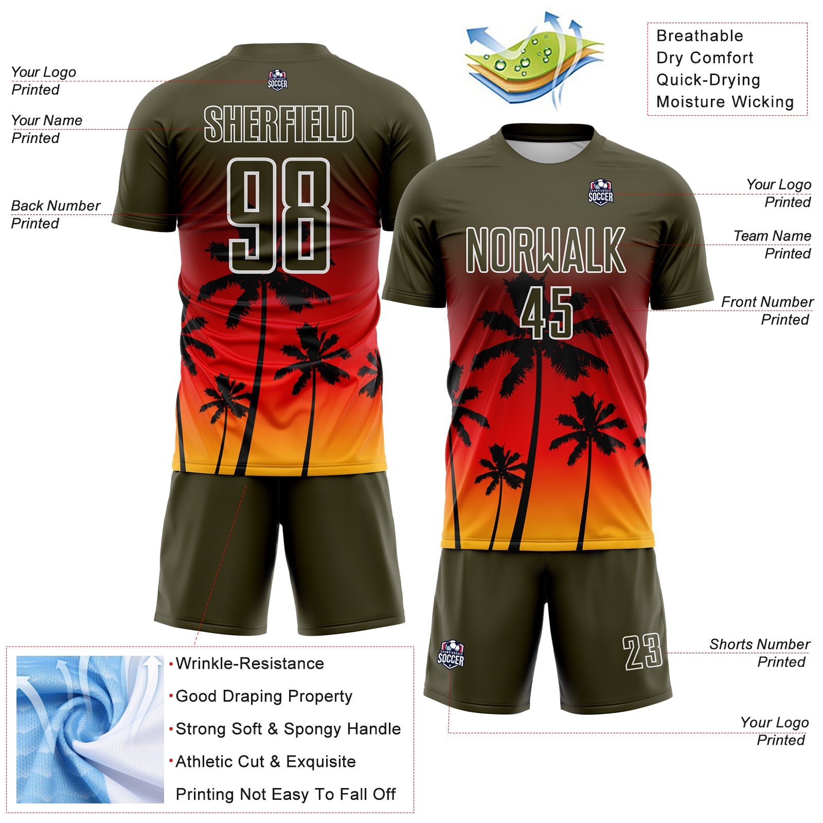 Custom Olive Fire Red Gold-White Tropical Hawaii Palm Trees Gradient Sublimation Soccer Uniform Jersey view 4