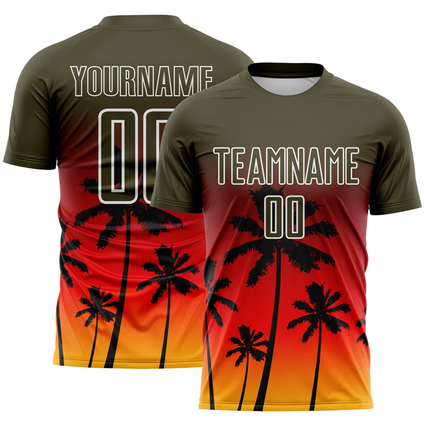 Custom Olive Fire Red Gold-White Tropical Hawaii Palm Trees Gradient Sublimation Soccer Uniform Jersey - Main View