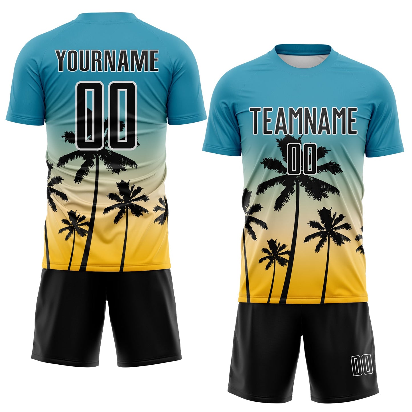 Custom Panther Blue Black Cream Gold-White Tropical Hawaii Palm Trees Gradient Sublimation Soccer Uniform Jersey view 2