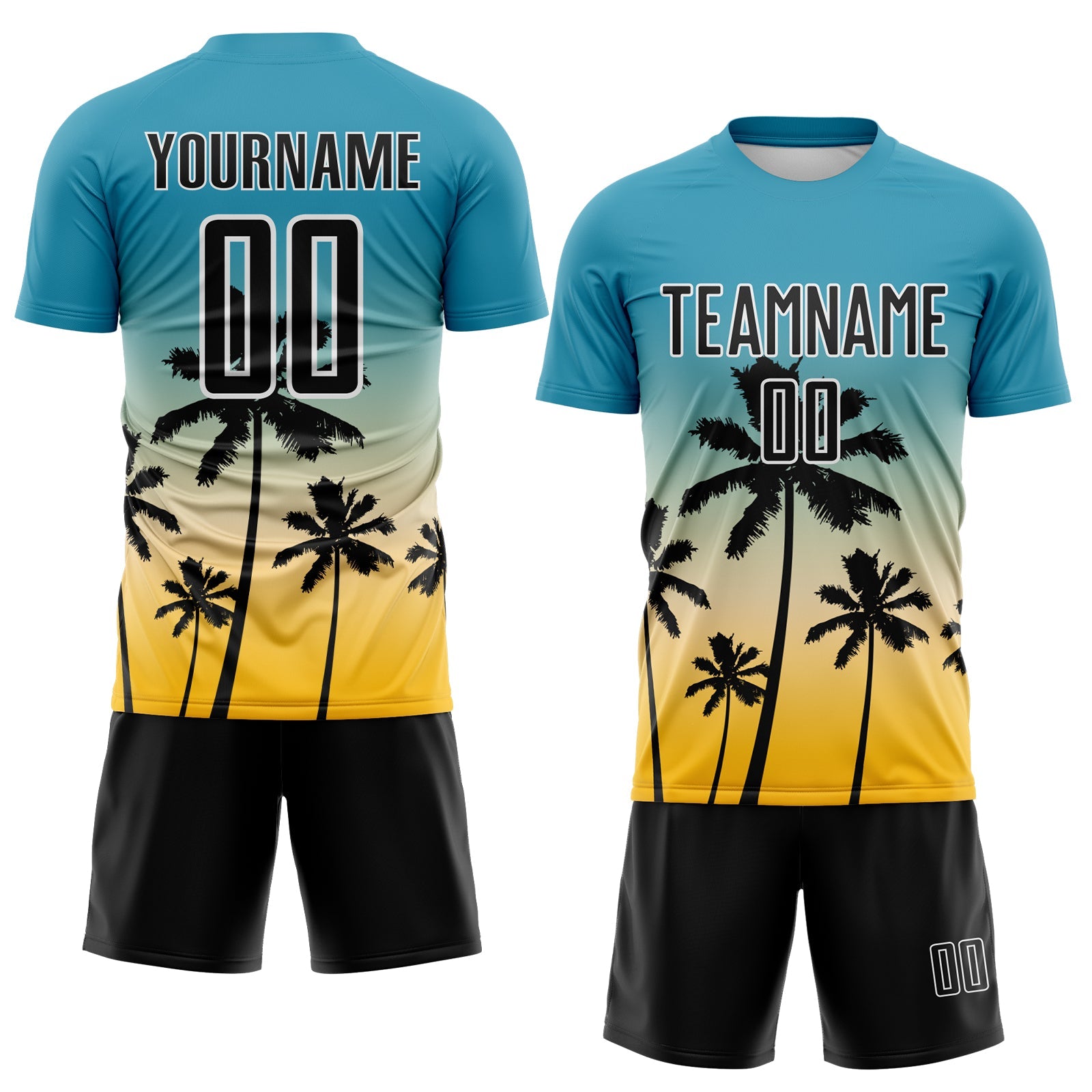 Custom Panther Blue Black Cream Gold-White Tropical Hawaii Palm Trees Gradient Sublimation Soccer Uniform Jersey view 2