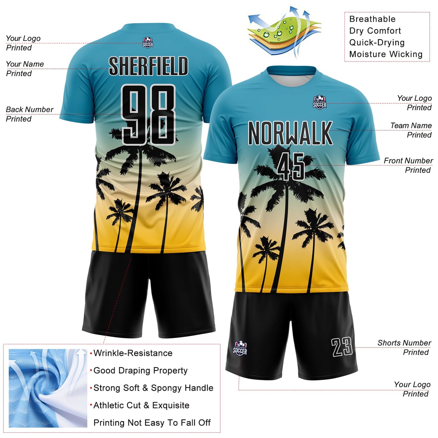 Custom Panther Blue Black Cream Gold-White Tropical Hawaii Palm Trees Gradient Sublimation Soccer Uniform Jersey view 4