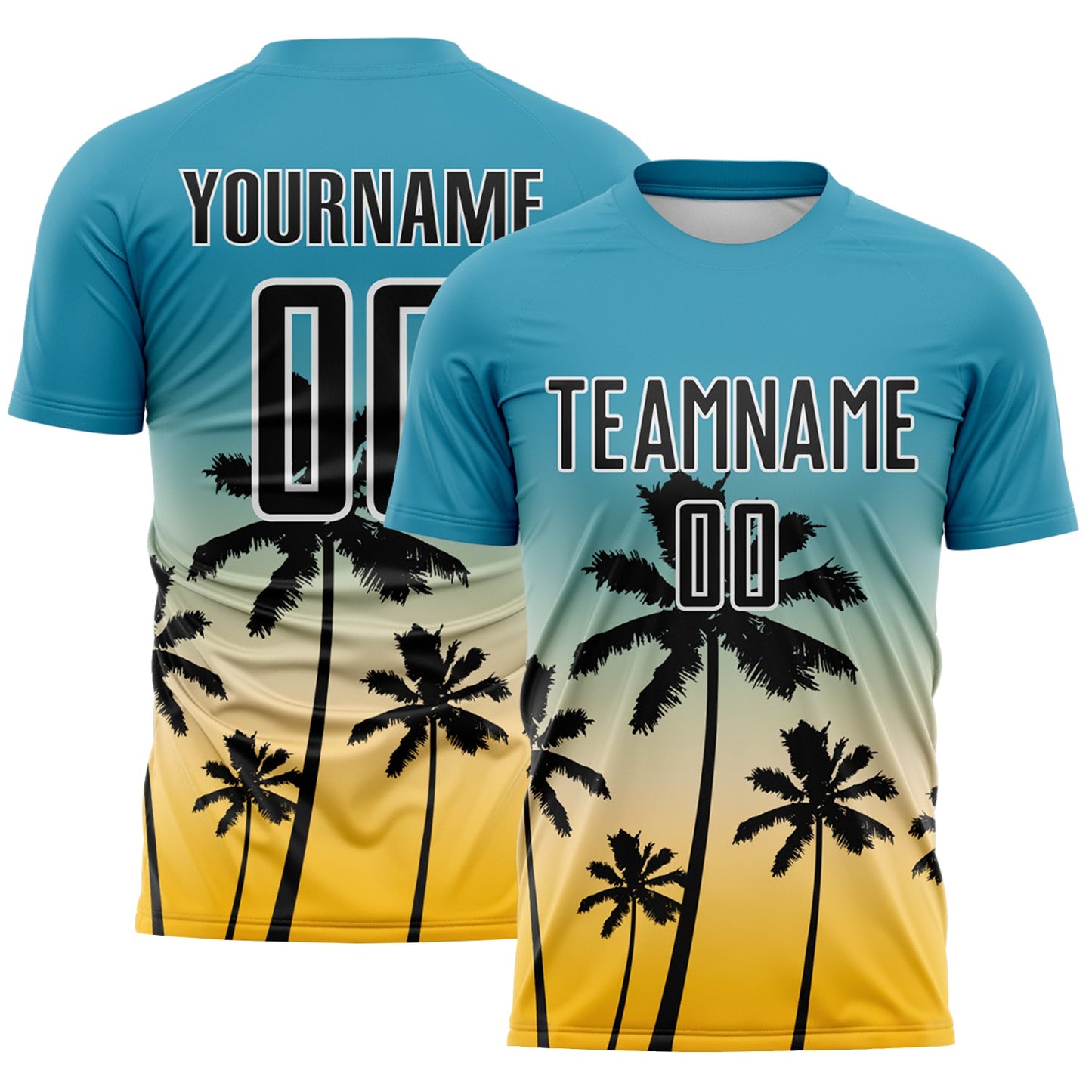 Custom Panther Blue Black Cream Gold-White Tropical Hawaii Palm Trees Gradient Sublimation Soccer Uniform Jersey - Main View