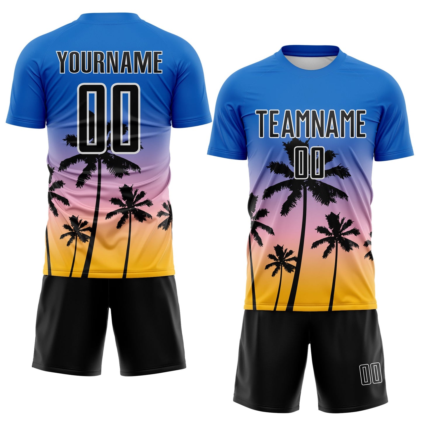 Custom Blue Black Light Pink Gold-White Tropical Hawaii Palm Trees Gradient Sublimation Soccer Uniform Jersey view 2