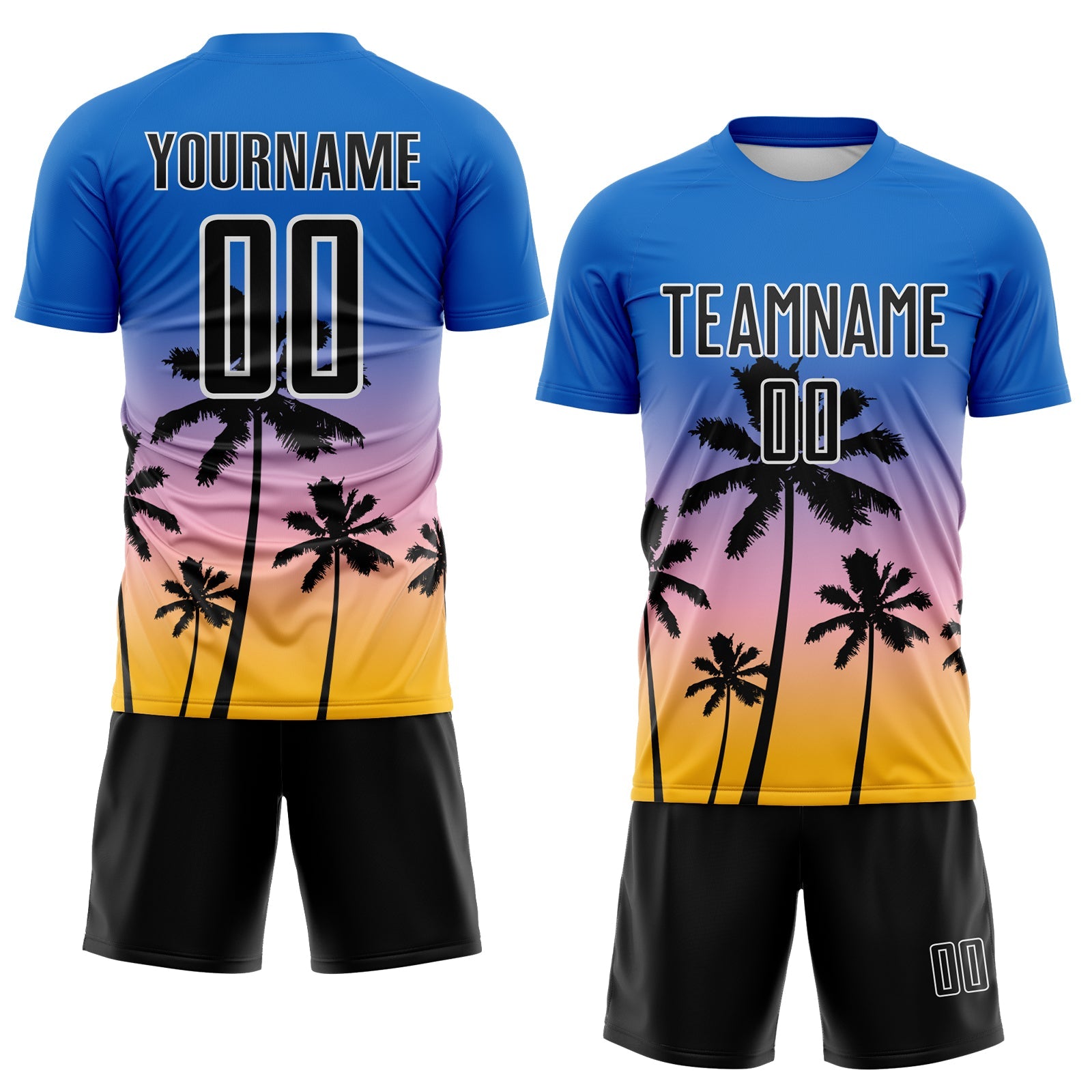 Custom Blue Black Light Pink Gold-White Tropical Hawaii Palm Trees Gradient Sublimation Soccer Uniform Jersey view 2