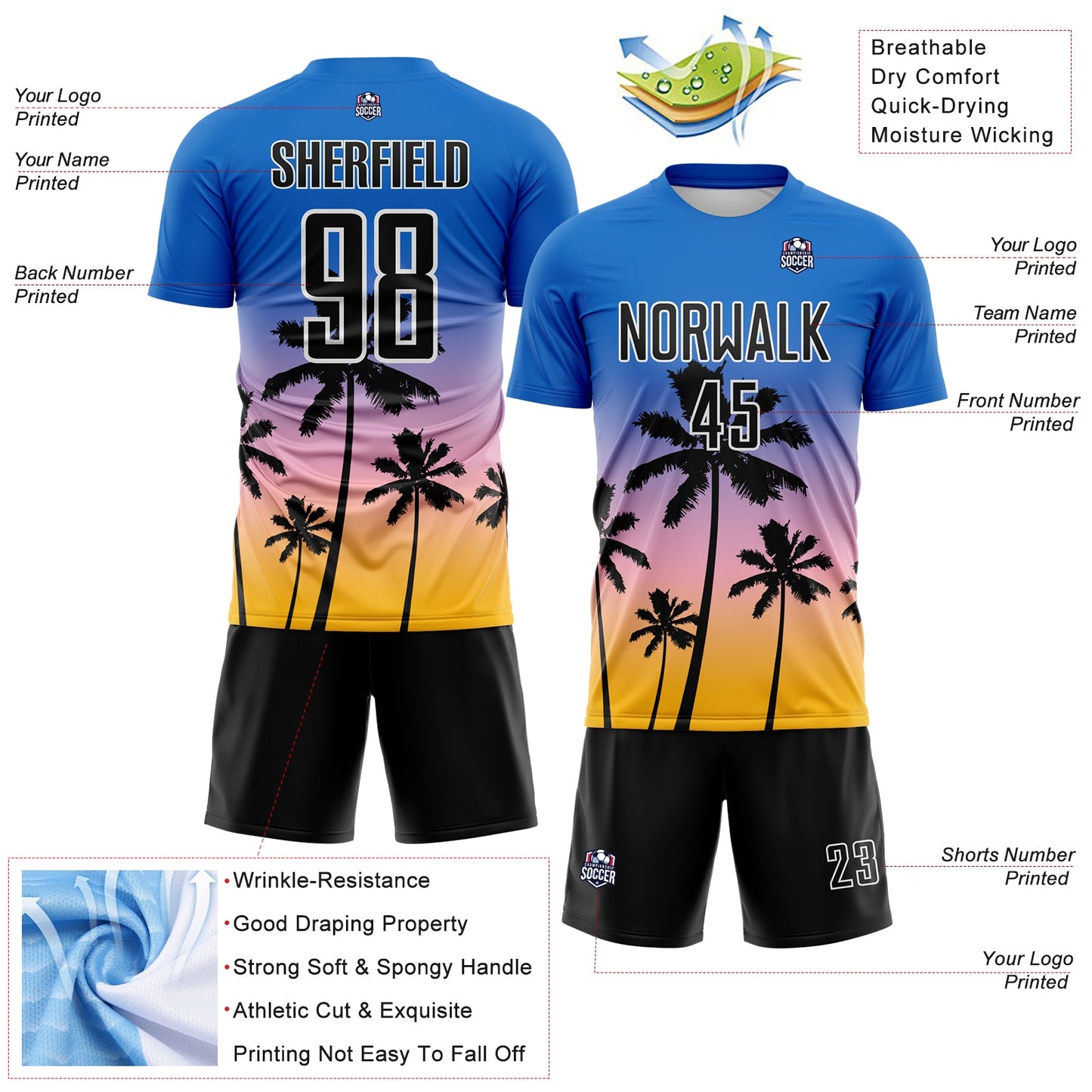 Custom Blue Black Light Pink Gold-White Tropical Hawaii Palm Trees Gradient Sublimation Soccer Uniform Jersey view 4