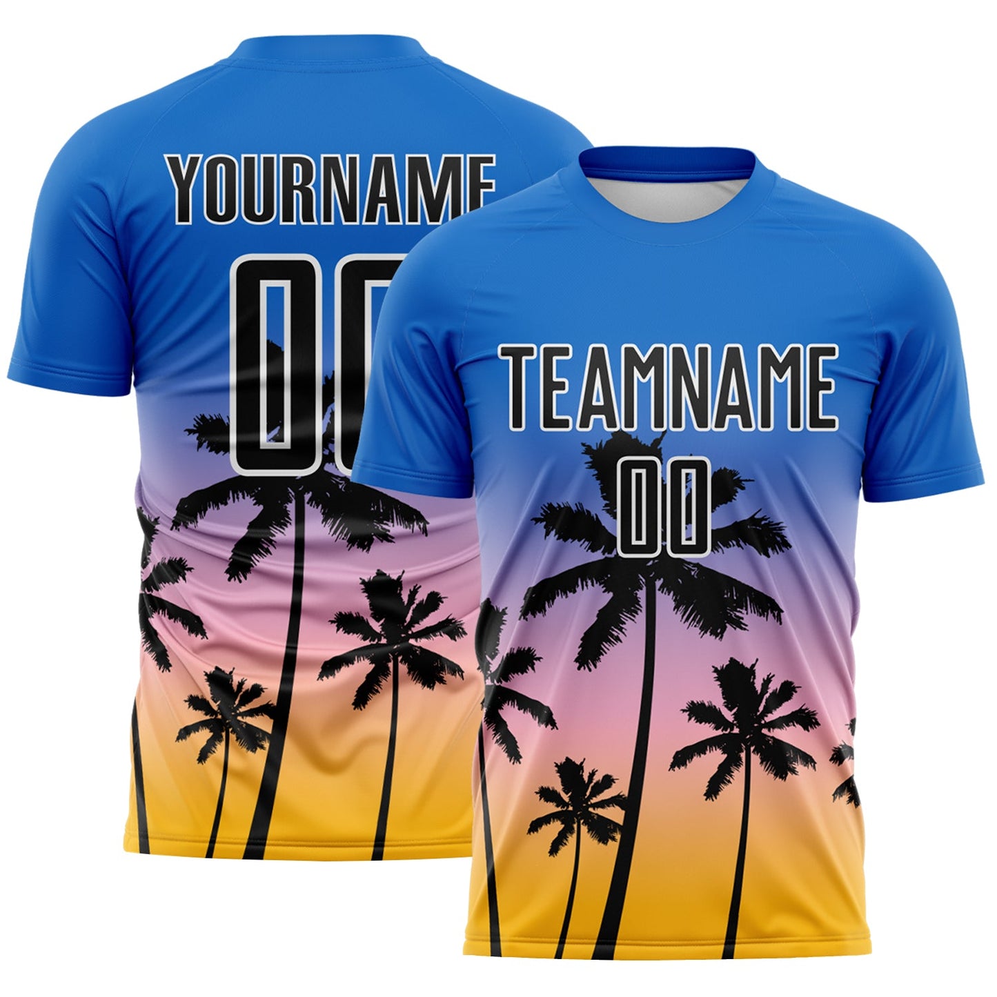 Custom Blue Black Light Pink Gold-White Tropical Hawaii Palm Trees Gradient Sublimation Soccer Uniform Jersey - Main View