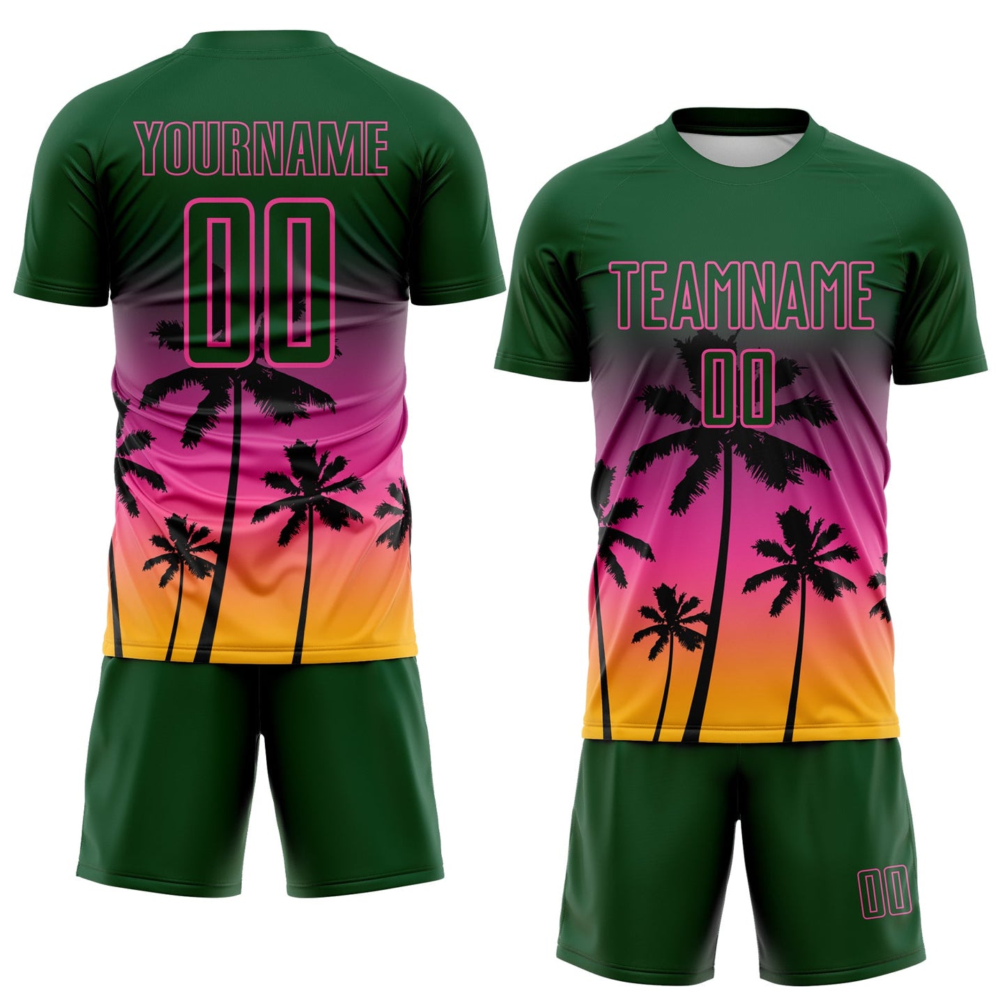 Custom Green Pink-Gold Tropical Hawaii Palm Trees Gradient Sublimation Soccer Uniform Jersey view 2