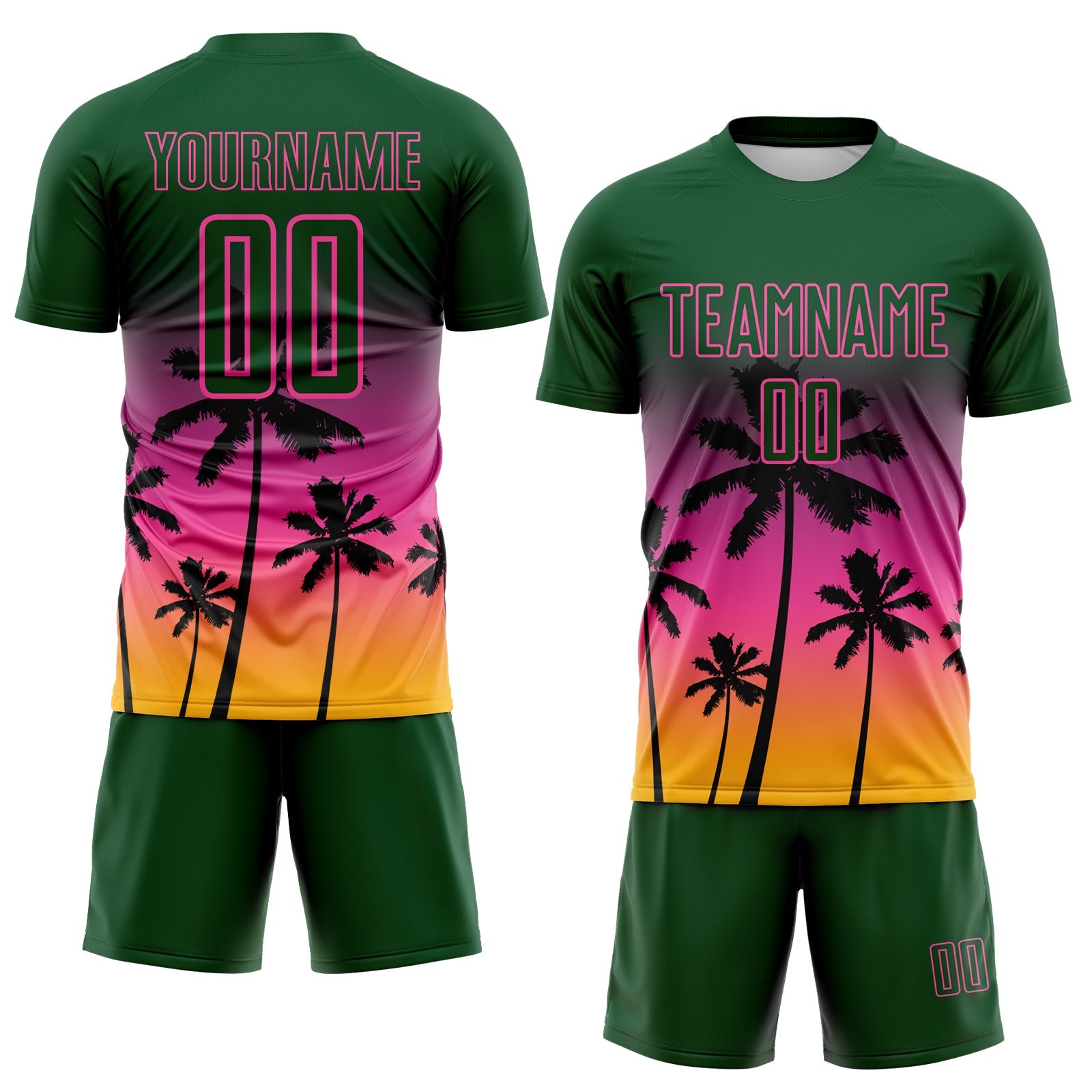 Custom Green Pink-Gold Tropical Hawaii Palm Trees Gradient Sublimation Soccer Uniform Jersey view 2