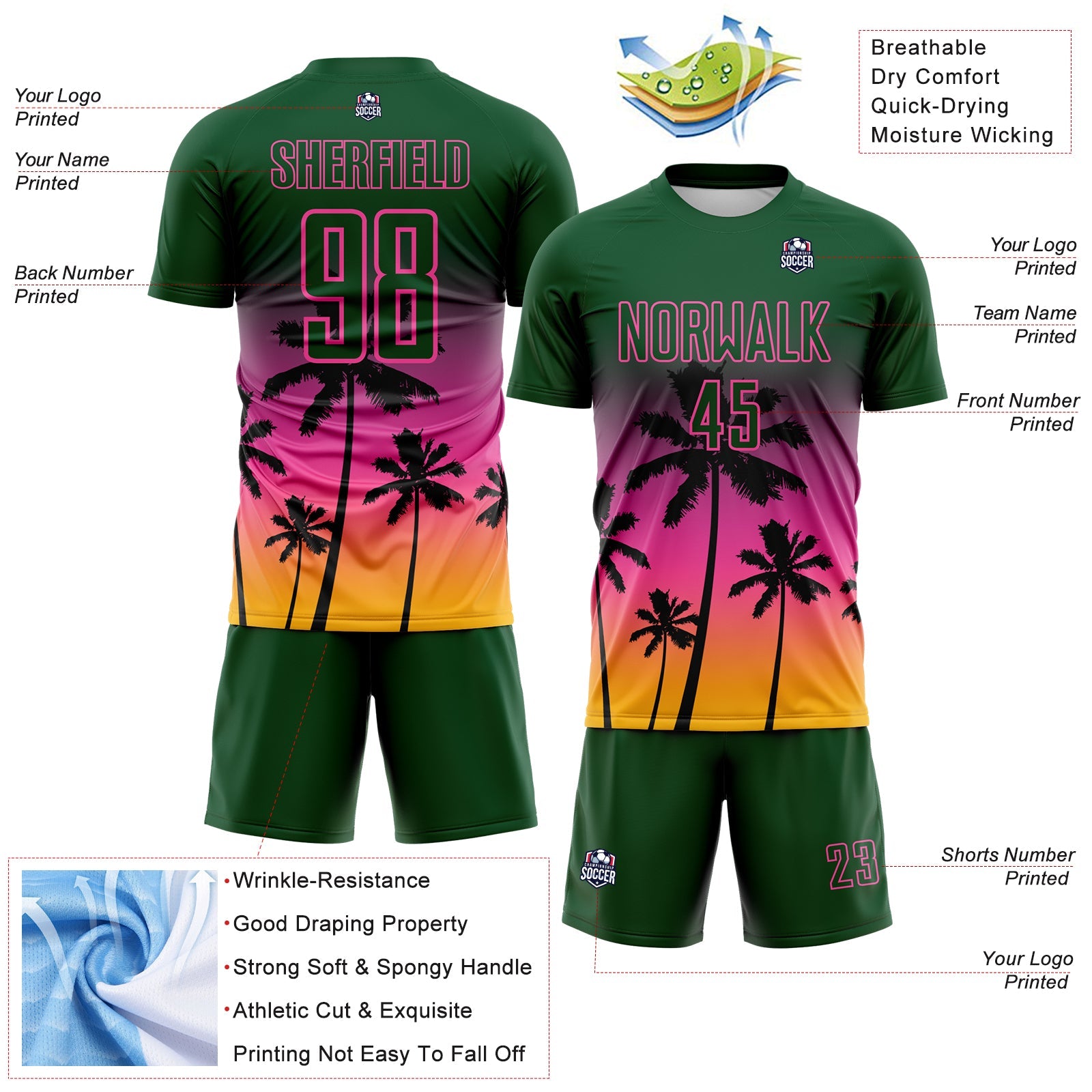 Custom Green Pink-Gold Tropical Hawaii Palm Trees Gradient Sublimation Soccer Uniform Jersey view 4